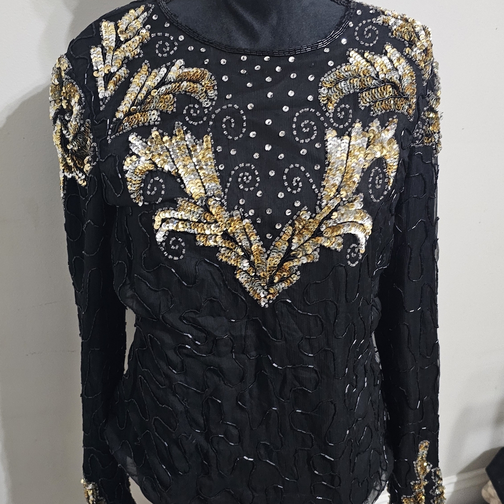 Chic Black and Gold Embellished Women's Blouse